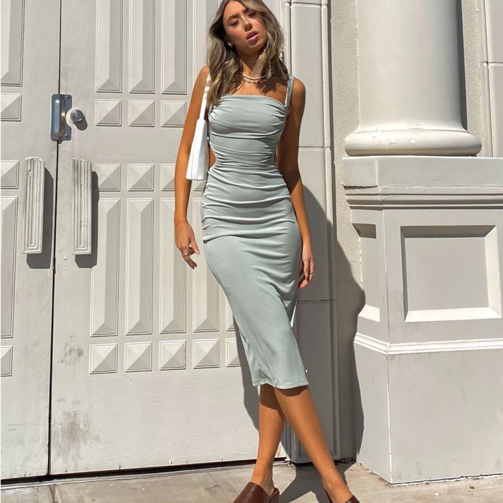 Princess Polly Lainey Sage Green open back Slit dress size 2
